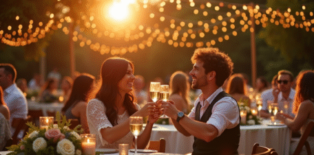 Réception de mariage en plein air au coucher du soleil avec tables blanches et guirlandes lumineuses