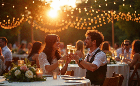 Réception de mariage en plein air au coucher du soleil avec tables blanches et guirlandes lumineuses