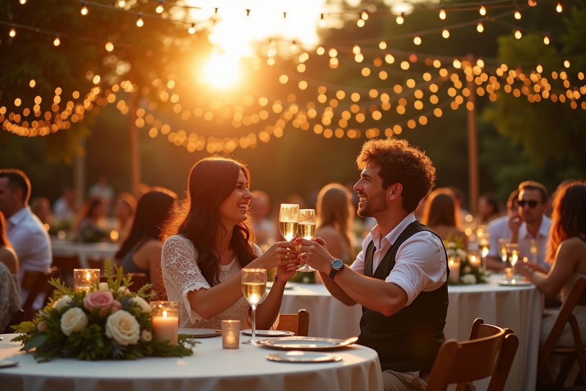 Réception de mariage en plein air au coucher du soleil avec tables blanches et guirlandes lumineuses