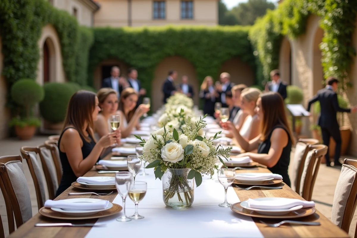 Réception de mariage en plein air dans la cour d'un mas provençal avec tables décorées de pivoines blanches et invités en tenue de cérémonie