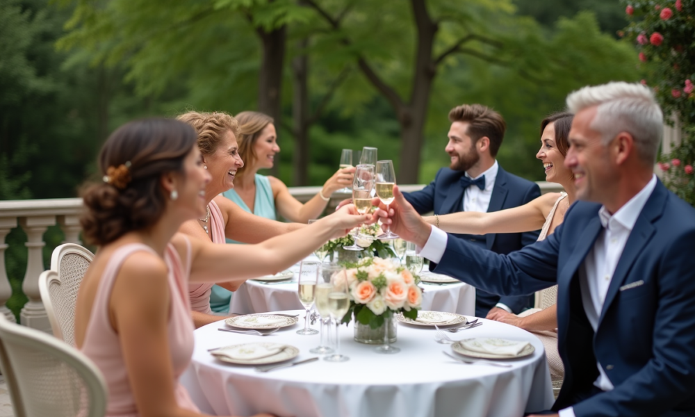 Groupe d'adultes élégants lors d'un vin d'honneur en extérieur
