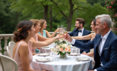 Groupe d'adultes élégants lors d'un vin d'honneur en extérieur