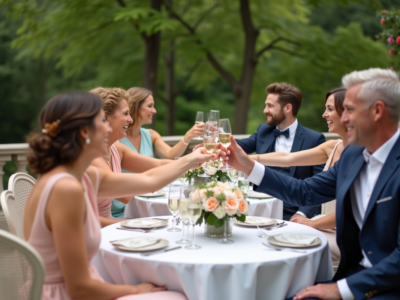 Groupe d'adultes élégants lors d'un vin d'honneur en extérieur