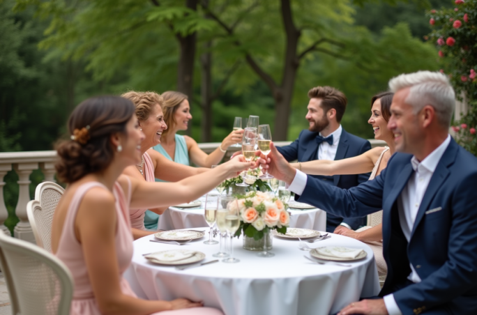 Groupe d'adultes élégants lors d'un vin d'honneur en extérieur