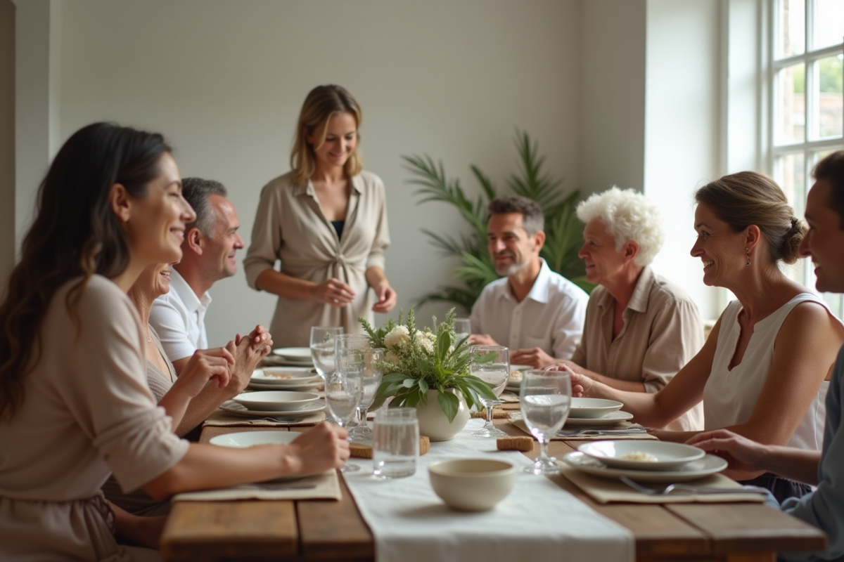 Groupe d amis et famille autour d une table de mariage rustique