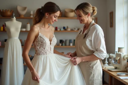 Retouche de robe de mariée pas chère chez une couturière, marquage de l'ourlet au crayon tailleur dans un atelier de couture