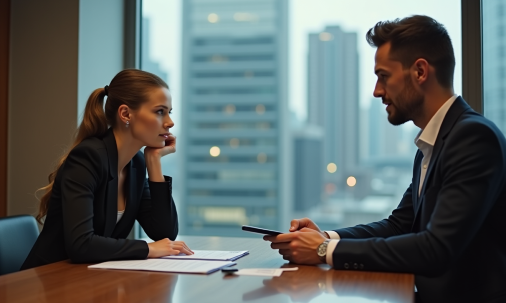 Femme d'affaires pensant face à un homme avec documents