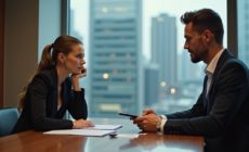 Femme d'affaires pensant face à un homme avec documents