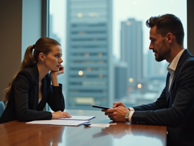 Femme d'affaires pensant face à un homme avec documents