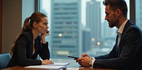Femme d'affaires pensant face à un homme avec documents