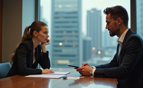 Femme d'affaires pensant face à un homme avec documents