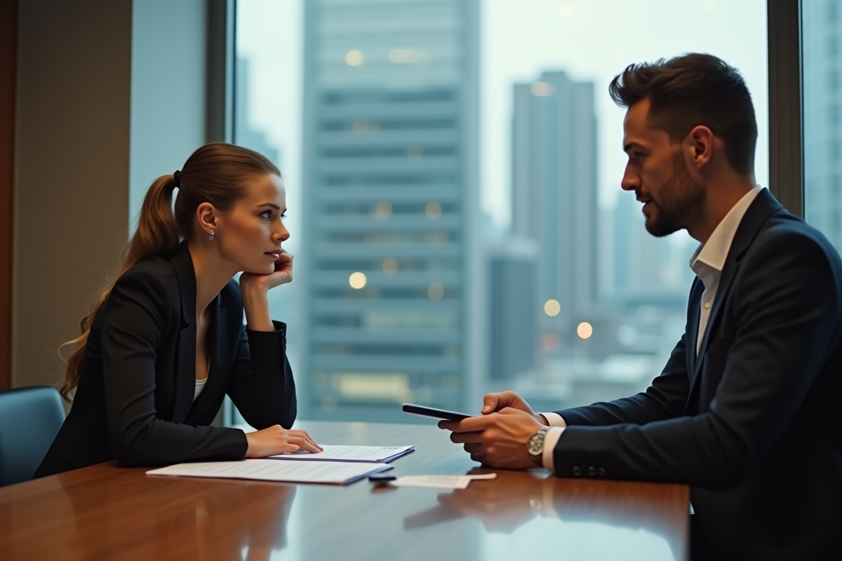 Femme d'affaires pensant face à un homme avec documents