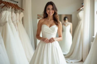 Femme en robe de mariée élégante pleine figure dans une boutique