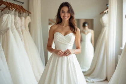 Femme en robe de mariée élégante pleine figure dans une boutique