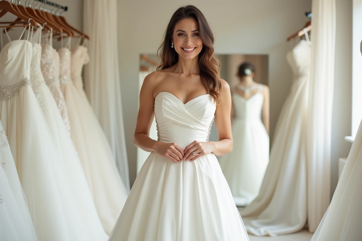 Femme en robe de mariée élégante pleine figure dans une boutique
