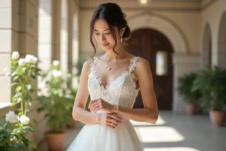 Jeune femme en robe de mariée élégante en lace et satin