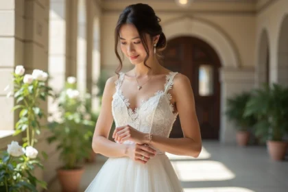 Jeune femme en robe de mariée élégante en lace et satin