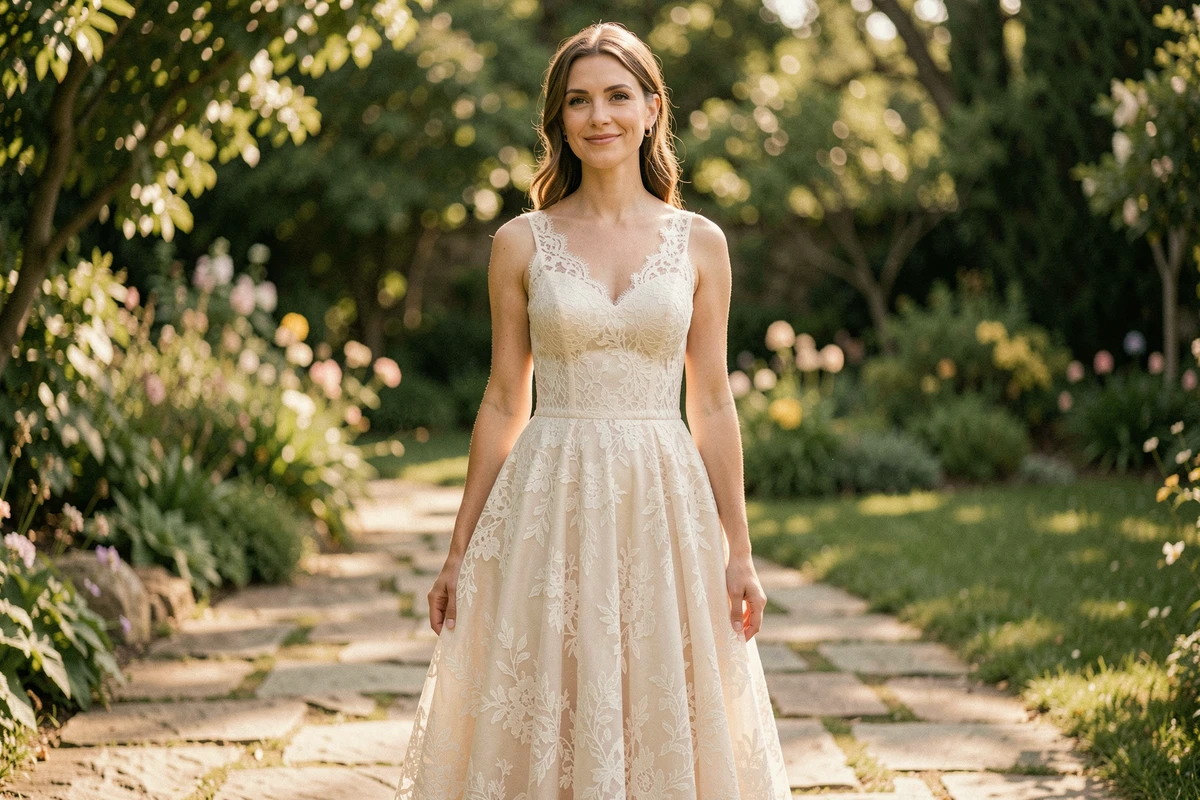 Femme en robe de dentelle ivoire élégante dans un jardin de mariage, détail du tissu dentelle guipure sur fond végétal doux