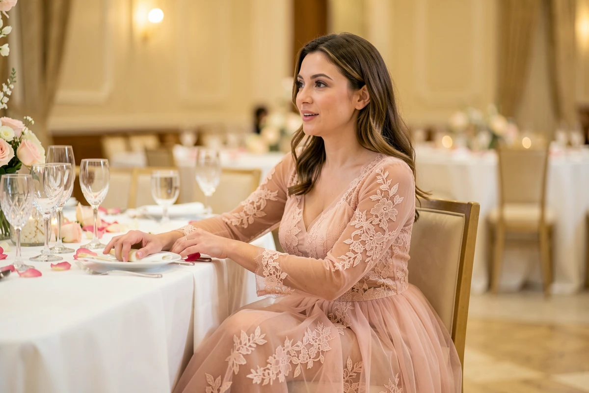 Femme en robe de dentelle rose blush assise confortablement à une table de réception de mariage avec décoration élégante