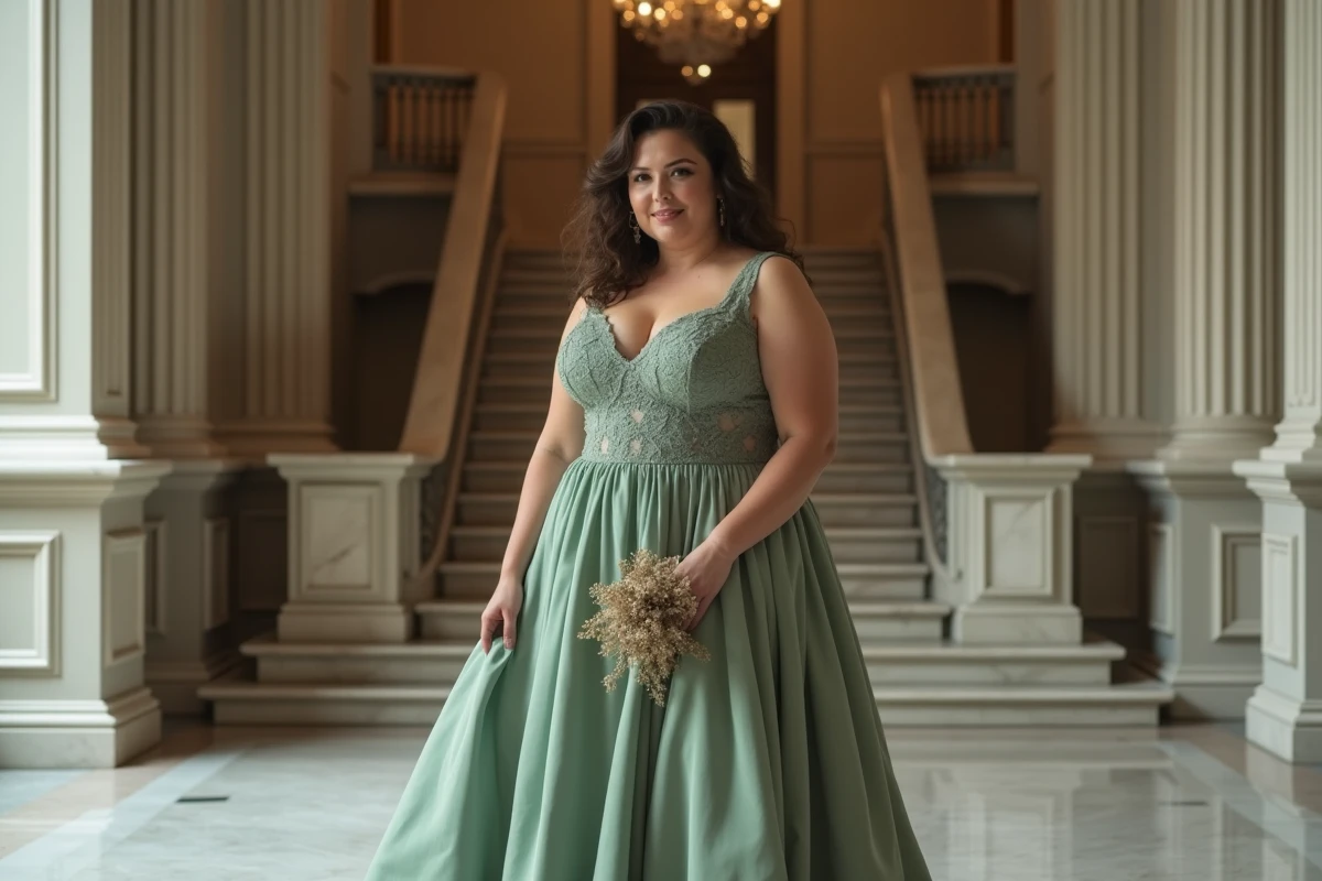 Grande femme en robe longue vert sauge empire avec dentelle dans un hall parisien haussmannien pour un mariage