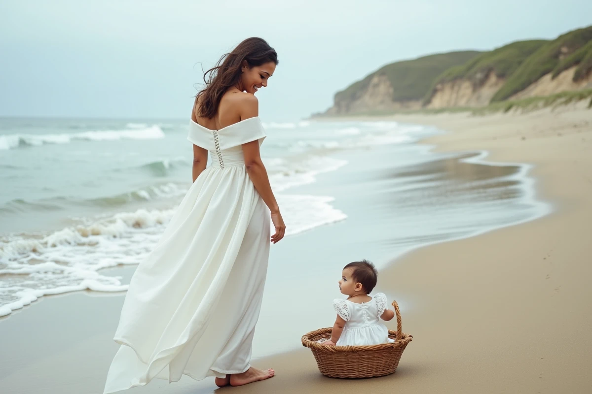 Séance photo mère et bébé en robes blanches assorties sur une plage pour un mariage en bord de mer