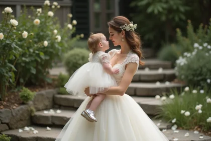 Mère et bébé en robes assorties blanc ivoire dans un jardin fleuri pour une cérémonie de mariage