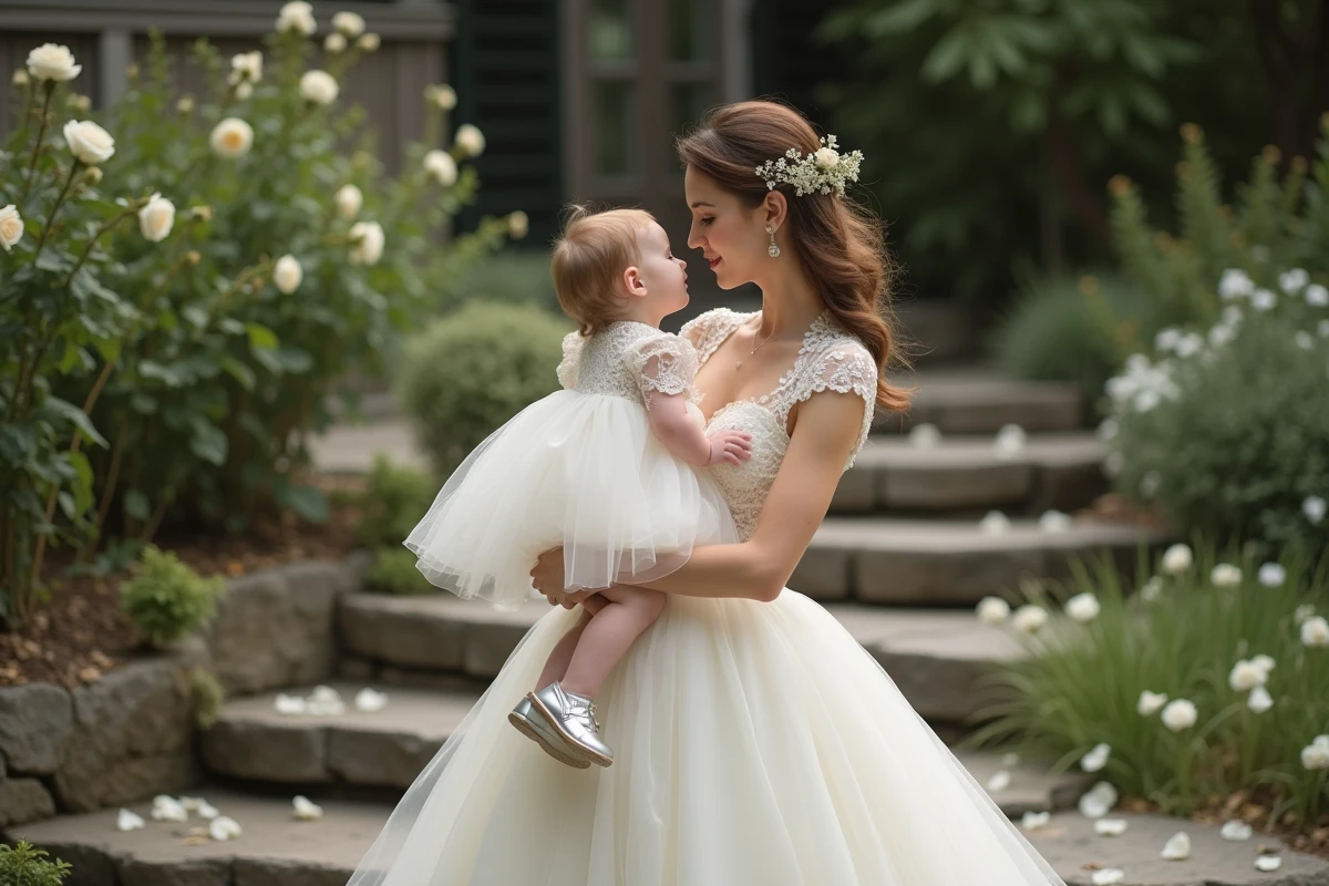 Mère et bébé en robes assorties blanc ivoire dans un jardin fleuri pour une cérémonie de mariage