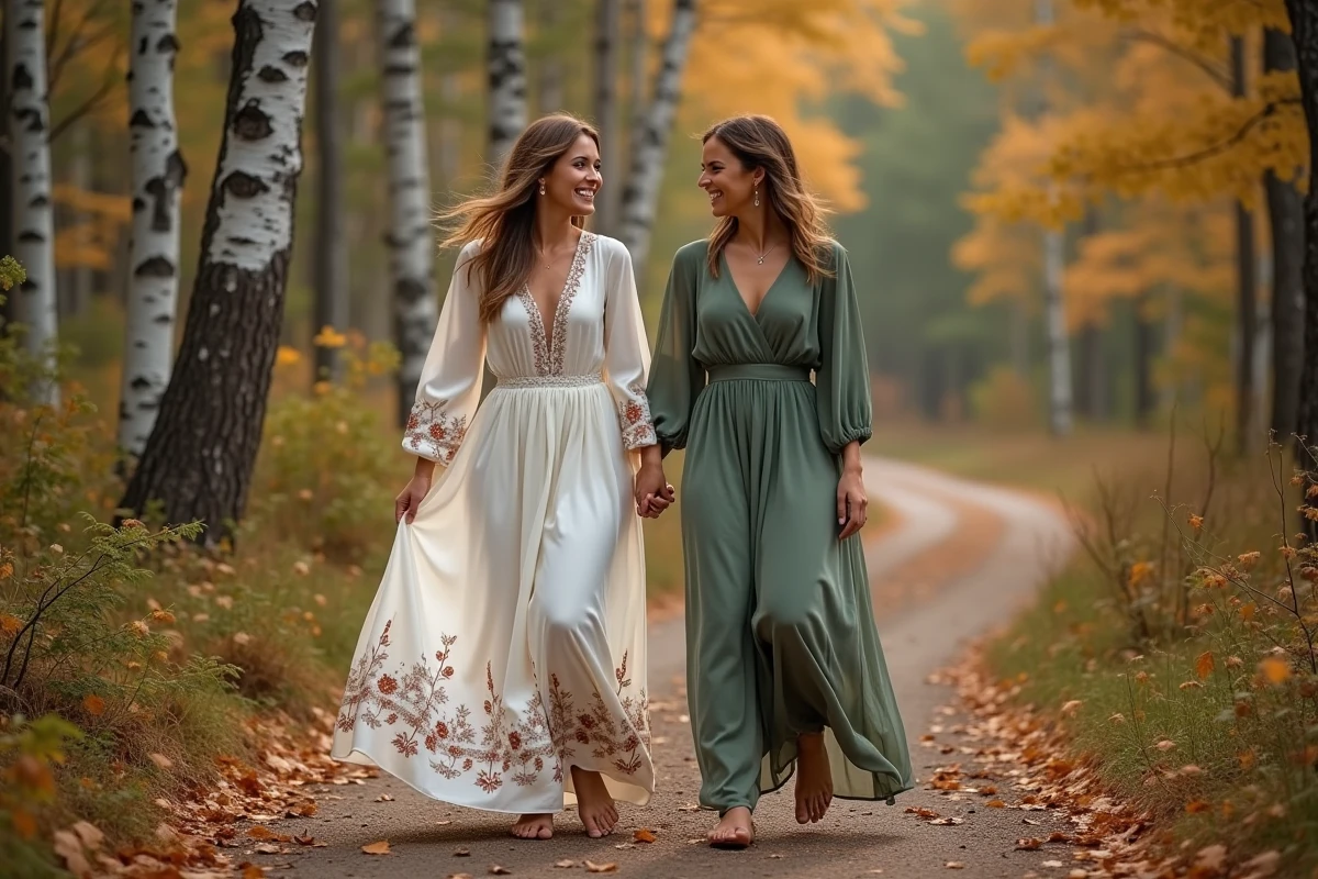 Mariée en robe bohème manches longues brodées marchant dans une forêt automnale avec sa demoiselle d'honneur