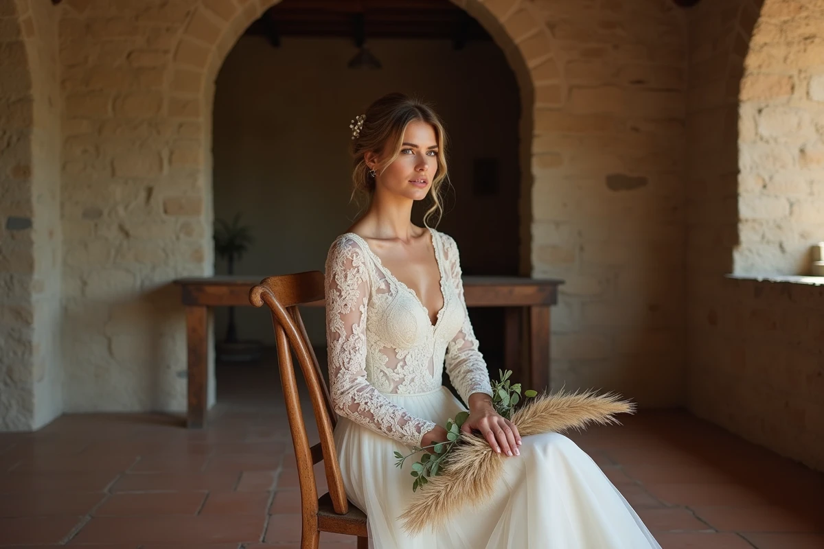 Mariée bohème assise en robe longue à manches en dentelle dans une ferme en pierre rustique