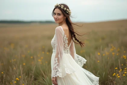 Mariée en robe bohème manches longues en dentelle et mousseline dans une prairie fleurie