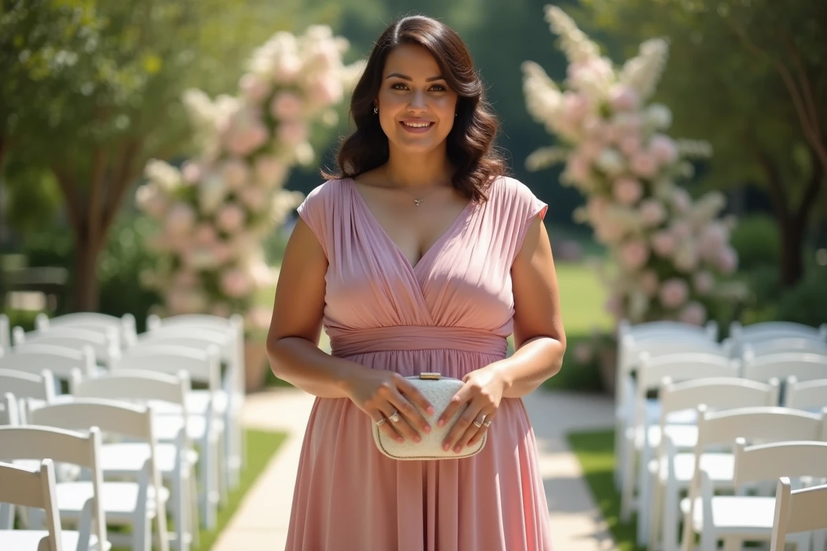 Femme grande taille portant une robe de mariée invitée en chiffon rose poudré coupe A-line dans un jardin fleuri
