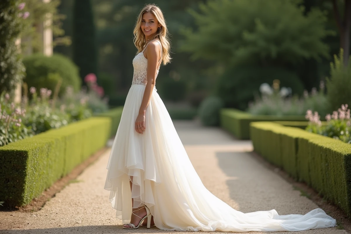 Mariée petite taille en robe de mariée asymétrique chiffon dans un jardin romantique français, vue trois quarts montrant la longueur du dos