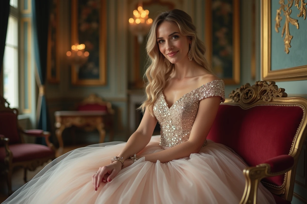 Mariée assise en robe de bal pailletée et confortable dans un château, détail du bustier brodé et de la jupe en tulle