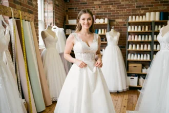 Jeune mariée en robe blanche sur mesure en dentelle dans un atelier de couture artisanal avec tissus et mannequins