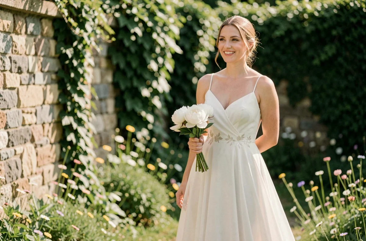 Mariée en robe de mariée fluide et abordable dans un jardin fleuri, tenant un bouquet de pivoines blanches avec un sourire naturel