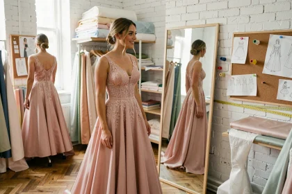 Jeune mariée en robe sur mesure colorée rose et sauge dans un atelier de couture entouré de tissus et esquisses