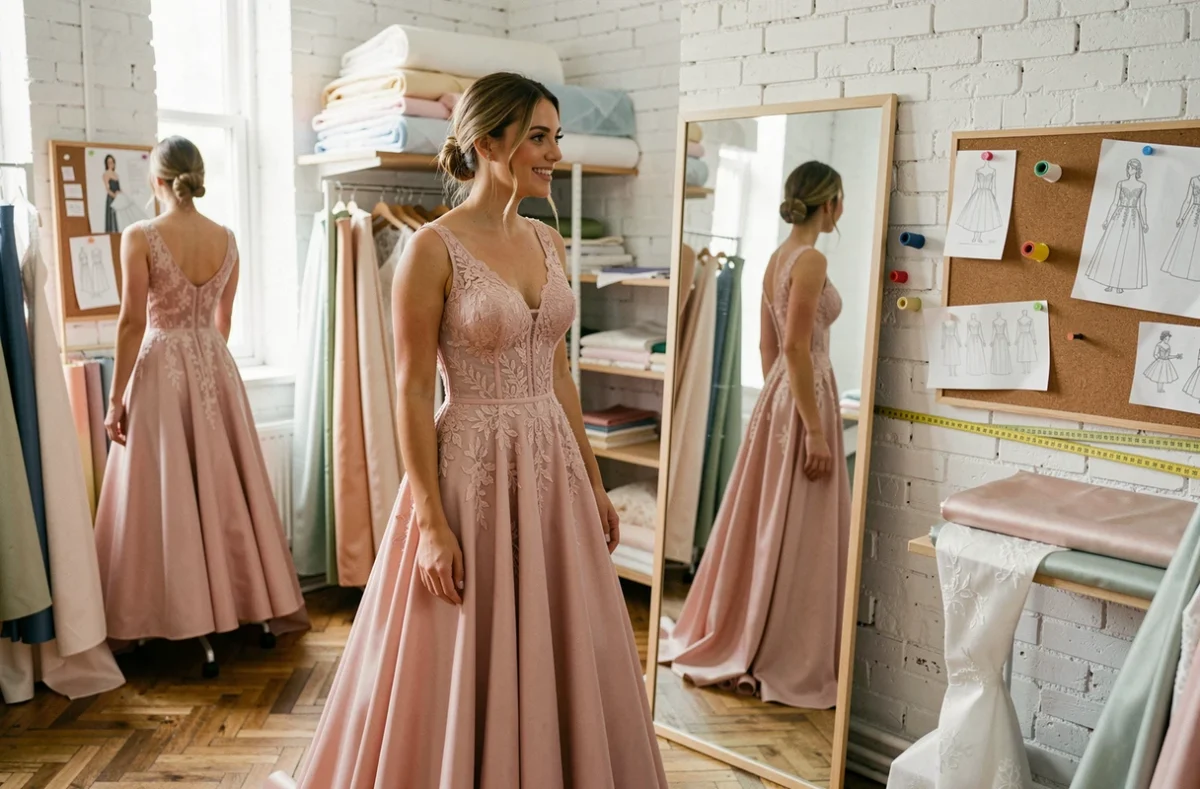 Jeune mariée en robe sur mesure colorée rose et sauge dans un atelier de couture entouré de tissus et esquisses