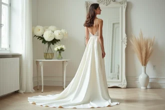 Femme petite taille portant une robe de mariée courte devant longue derrière en soie ivoire dans une boutique de mariée élégante