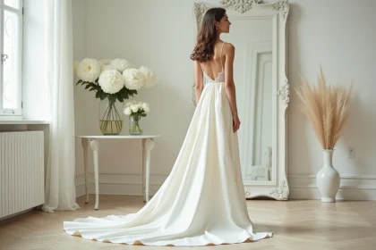 Femme petite taille portant une robe de mariée courte devant longue derrière en soie ivoire dans une boutique de mariée élégante