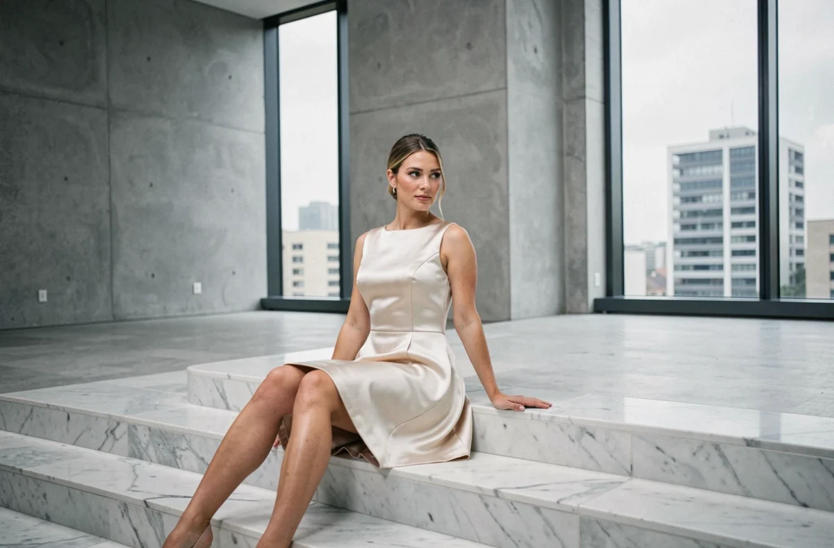Mariée en robe courte satin blanc cassé assise sur des marches en marbre dans un espace moderne, look mariage civil 2026