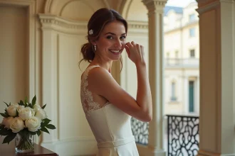 Mariée en robe de soie ivoire lors d'un mariage civil à Nantes dans une salle de mairie aux moulures élégantes