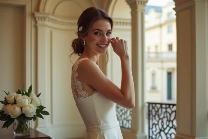 Mariée en robe de soie ivoire lors d'un mariage civil à Nantes dans une salle de mairie aux moulures élégantes