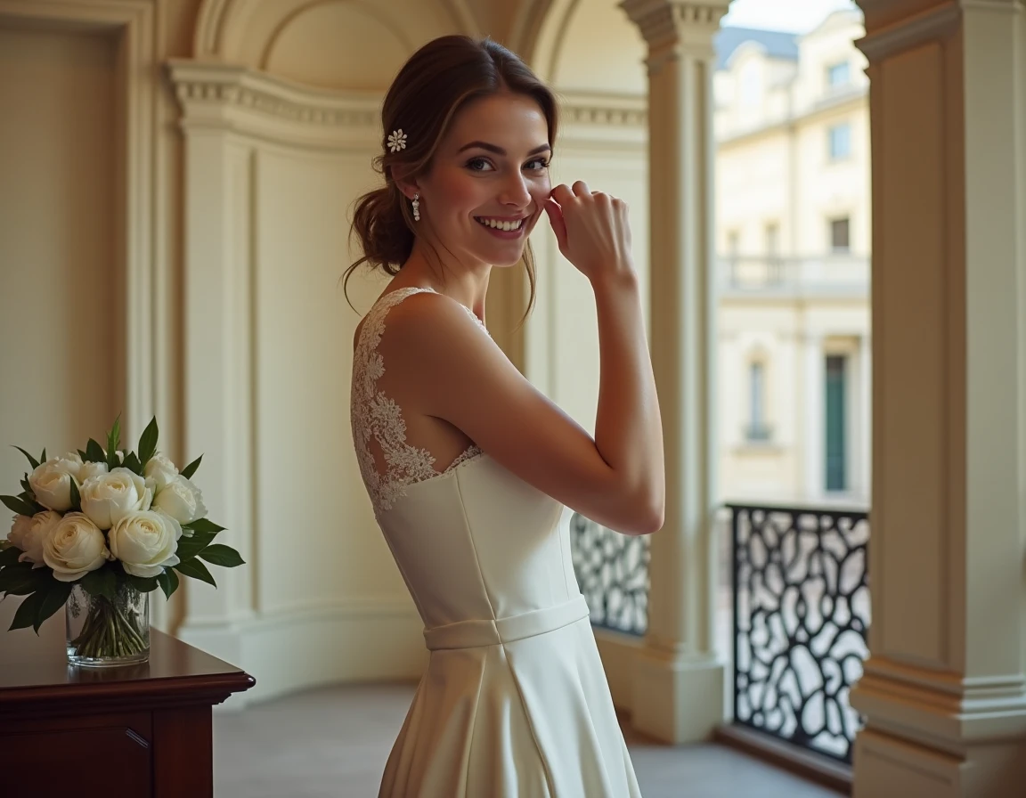 Mariée en robe de soie ivoire lors d'un mariage civil à Nantes dans une salle de mairie aux moulures élégantes