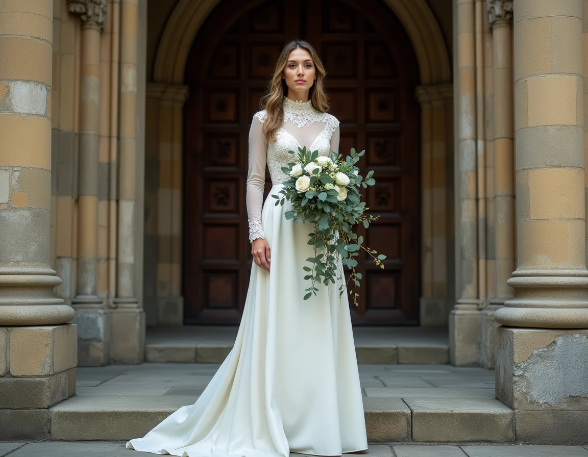 Mariée en robe longue brodée devant l'entrée d'une église gothique en pierre à Nantes pour un mariage religieux