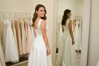 Mariée essayant une robe de mariée petit budget dans une boutique, admirant son reflet dans un miroir avec un sourire confiant