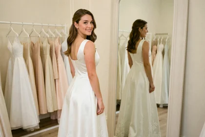 Mariée essayant une robe de mariée petit budget dans une boutique, admirant son reflet dans un miroir avec un sourire confiant