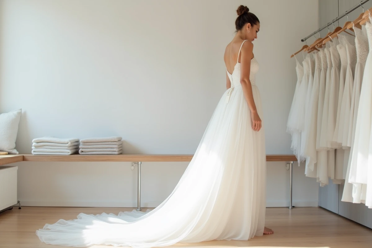 Femme en robe de mariée prêt-à-porter en tulle blanc avec étiquette de prix dans un showroom nuptial moderne et minimaliste