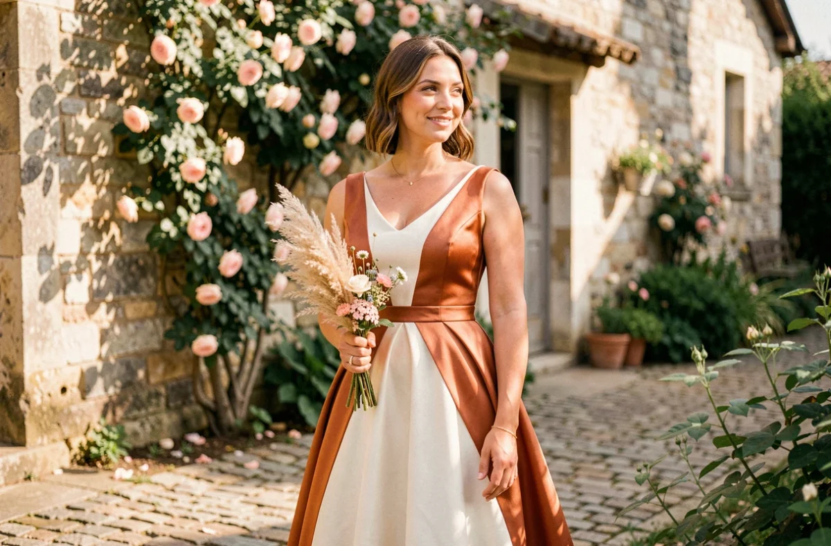 Mariée en robe colorée terracotta et ivoire sur mesure dans un jardin de campagne française en pierre