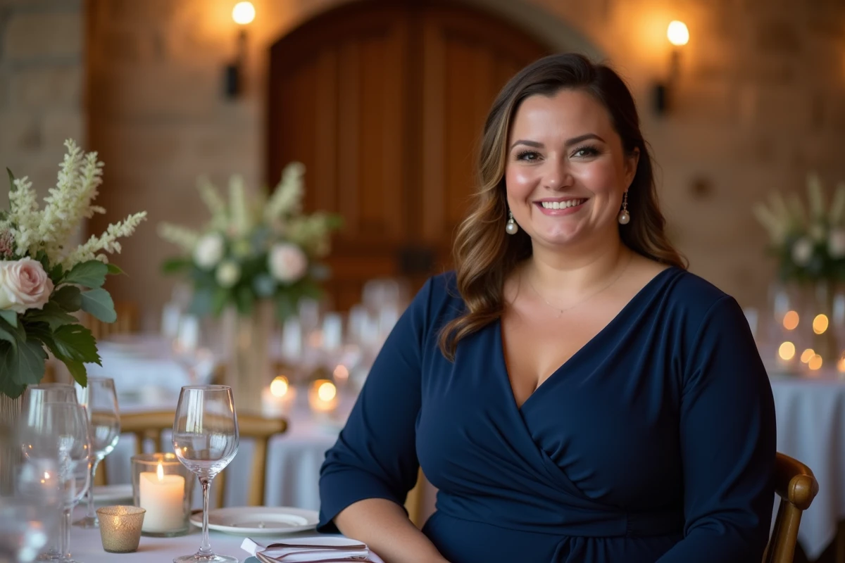 Femme ronde élégante en robe portefeuille bleu marine assise à une table de réception de mariage rustique