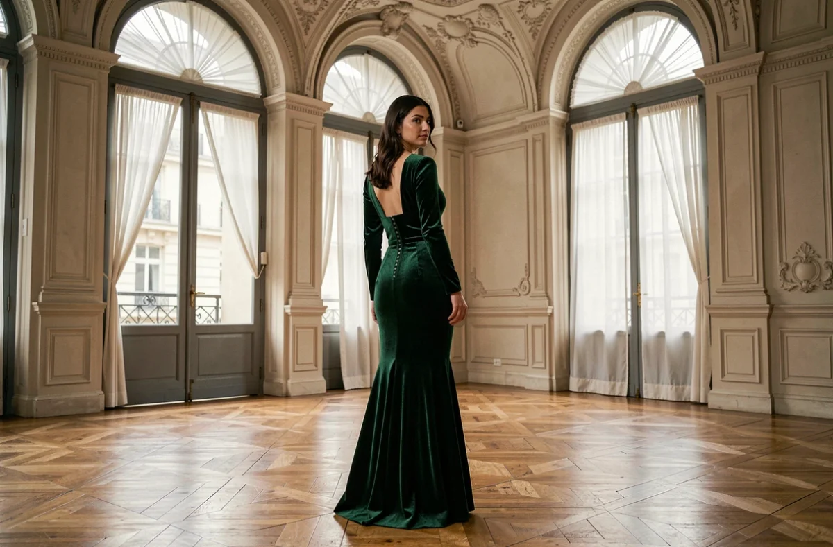 Femme en robe longue verte forêt en velours dans un salon parisien haussmannien pour un mariage élégant